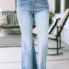 Clearance Dear-Lover High Waist Buttoned Distressed Flared Jeans Sky Blue