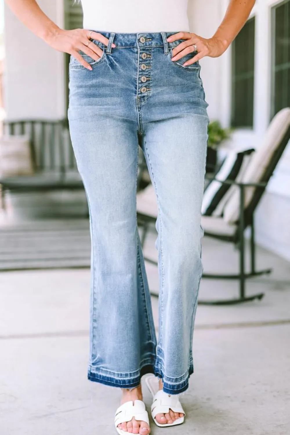 Clearance Dear-Lover High Waist Buttoned Distressed Flared Jeans Sky Blue