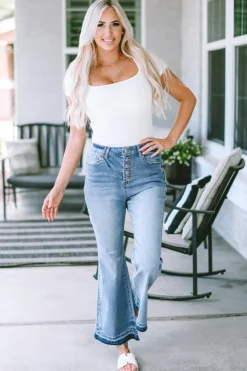Clearance Dear-Lover High Waist Buttoned Distressed Flared Jeans Sky Blue