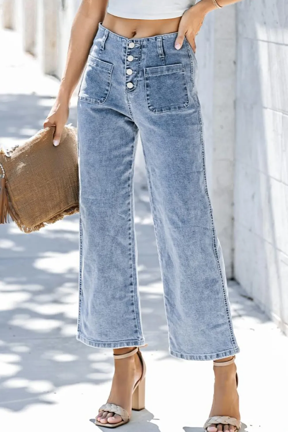 Sale Dear-Lover High Waist Cropped Wide Leg Jeans Sky Blue