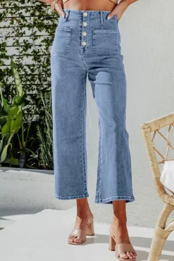 Sale Dear-Lover High Waist Cropped Wide Leg Jeans Sky Blue