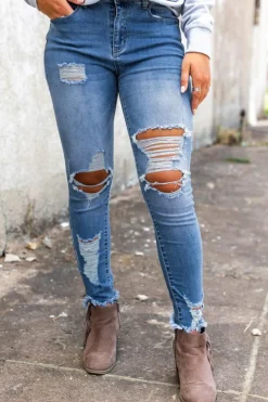 Hot Dear-Lover High Waist Distressed Skinny Jeans Sky Blue