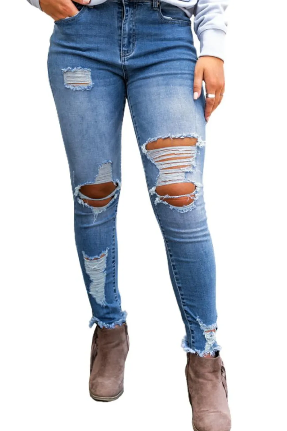 Hot Dear-Lover High Waist Distressed Skinny Jeans Sky Blue