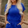 Best Dear-Lover Jacquard Textured Buttoned Tee and Shorts Set Sky Blue