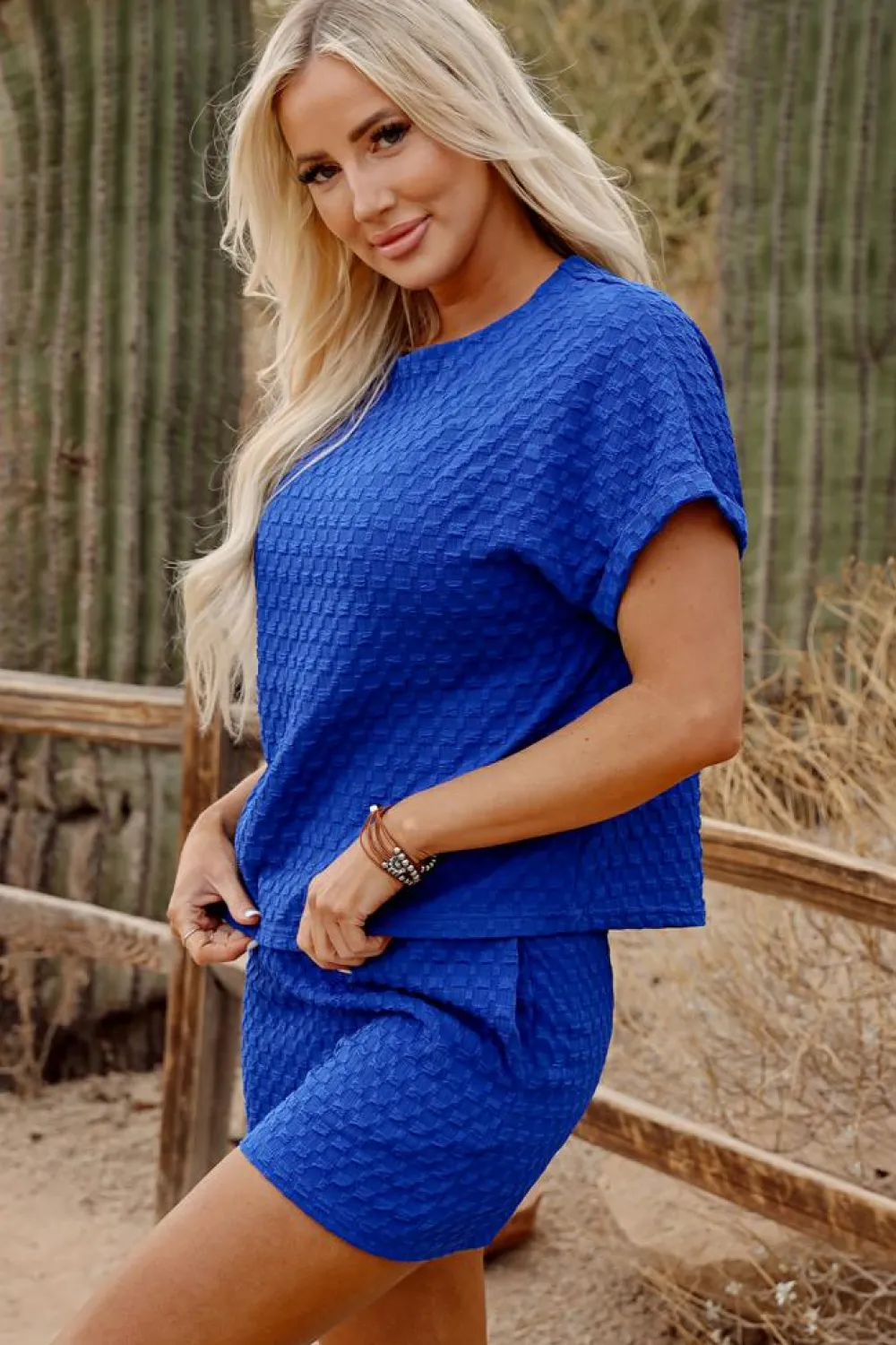Best Dear-Lover Jacquard Textured Buttoned Tee and Shorts Set Sky Blue