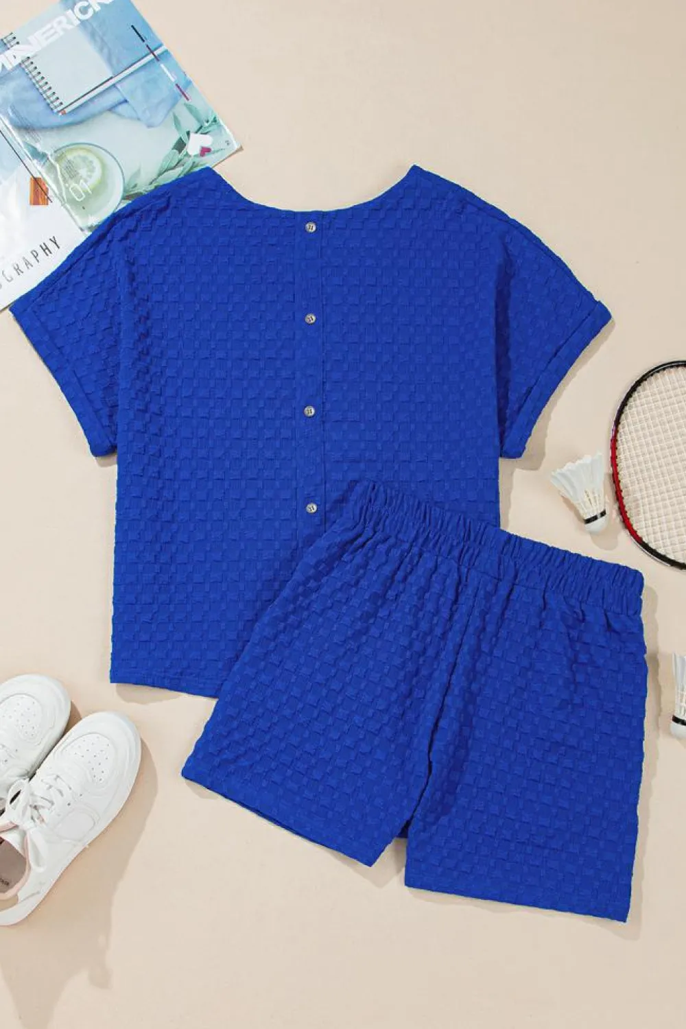 Best Dear-Lover Jacquard Textured Buttoned Tee and Shorts Set Sky Blue