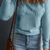 Best Dear-Lover Lace Crochet V Neck Long Sleeve Top Sky Blue