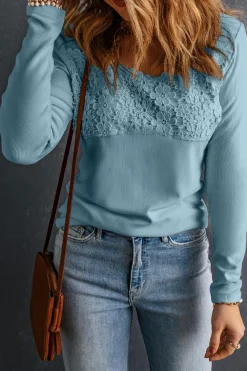 Best Dear-Lover Lace Crochet V Neck Long Sleeve Top Sky Blue