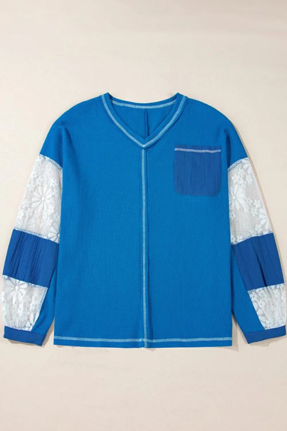 Outlet Dear-Lover Lace Floral Patchwork Sleeve Stitching V Neck Rib Knit Blouse Sky Blue