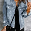 Sale Dear-Lover Lapel Distressed Raw Hem Buttons Denim Jacket Sky Blue