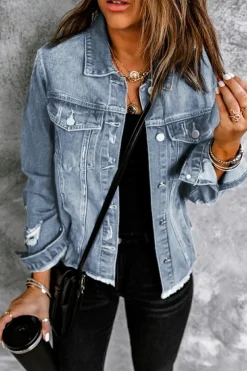 Sale Dear-Lover Lapel Distressed Raw Hem Buttons Denim Jacket Sky Blue