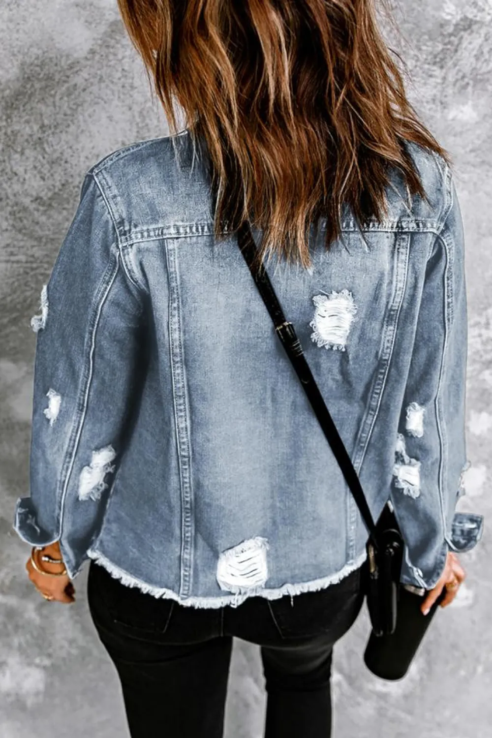 Sale Dear-Lover Lapel Distressed Raw Hem Buttons Denim Jacket Sky Blue
