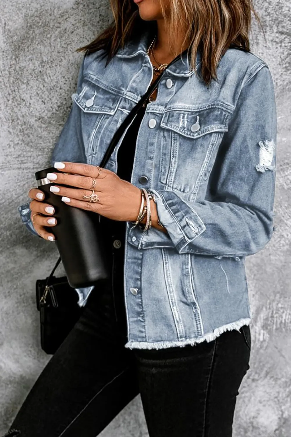 Sale Dear-Lover Lapel Distressed Raw Hem Buttons Denim Jacket Sky Blue