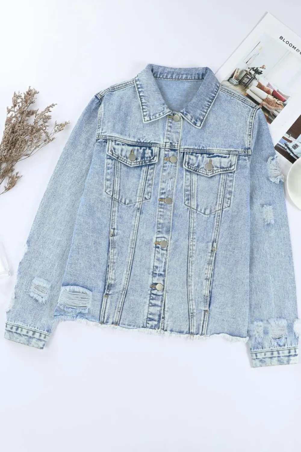 Sale Dear-Lover Lapel Distressed Raw Hem Buttons Denim Jacket Sky Blue