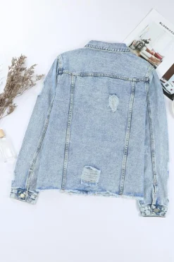 Sale Dear-Lover Lapel Distressed Raw Hem Buttons Denim Jacket Sky Blue