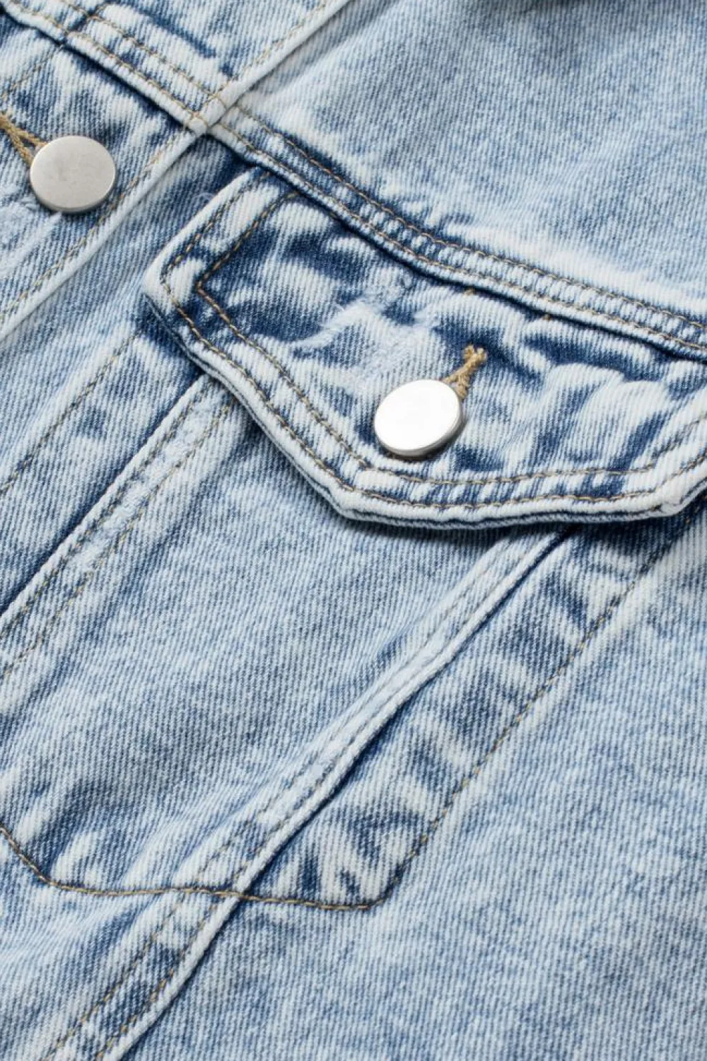 Sale Dear-Lover Lapel Distressed Raw Hem Buttons Denim Jacket Sky Blue