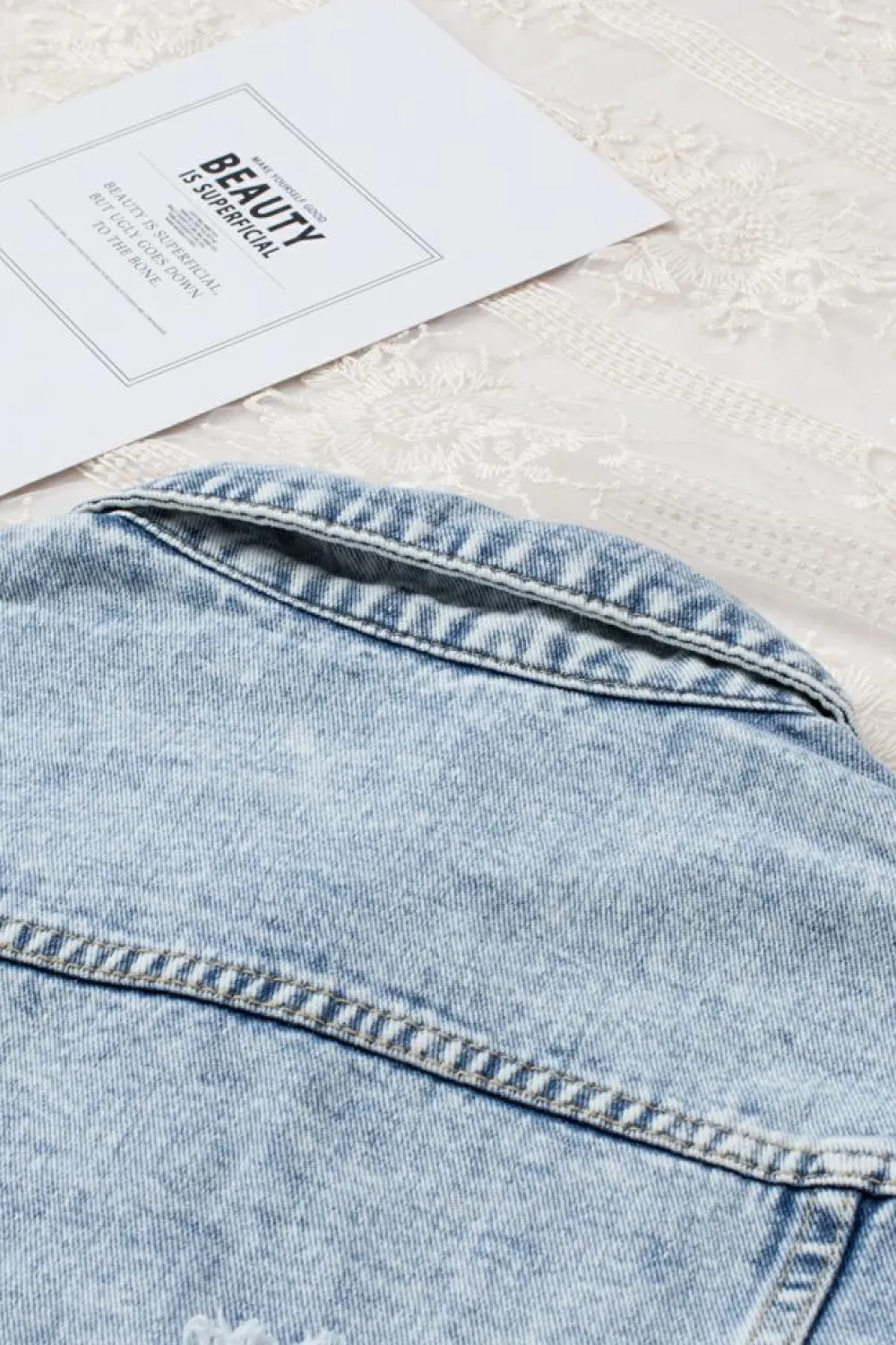Sale Dear-Lover Lapel Distressed Raw Hem Buttons Denim Jacket Sky Blue