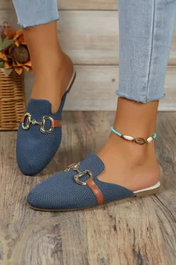 New Dear-Lover Leather Strap Buckle Decor Slip On Flats Sky Blue