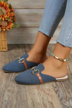 New Dear-Lover Leather Strap Buckle Decor Slip On Flats Sky Blue