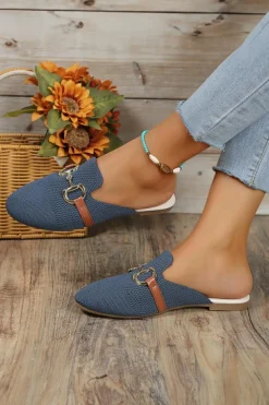 New Dear-Lover Leather Strap Buckle Decor Slip On Flats Sky Blue