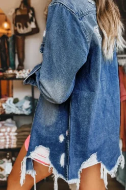 Best Dear-Lover Light Wash Distressed Frayed Long Denim Jacket Sky Blue