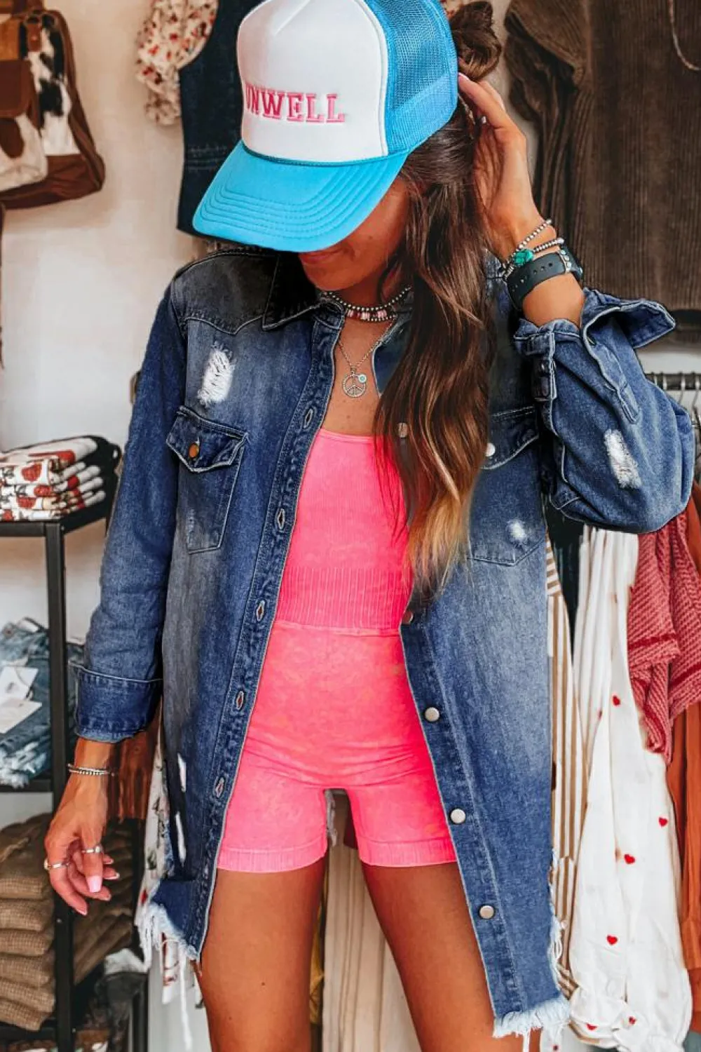 Best Dear-Lover Light Wash Distressed Frayed Long Denim Jacket Sky Blue