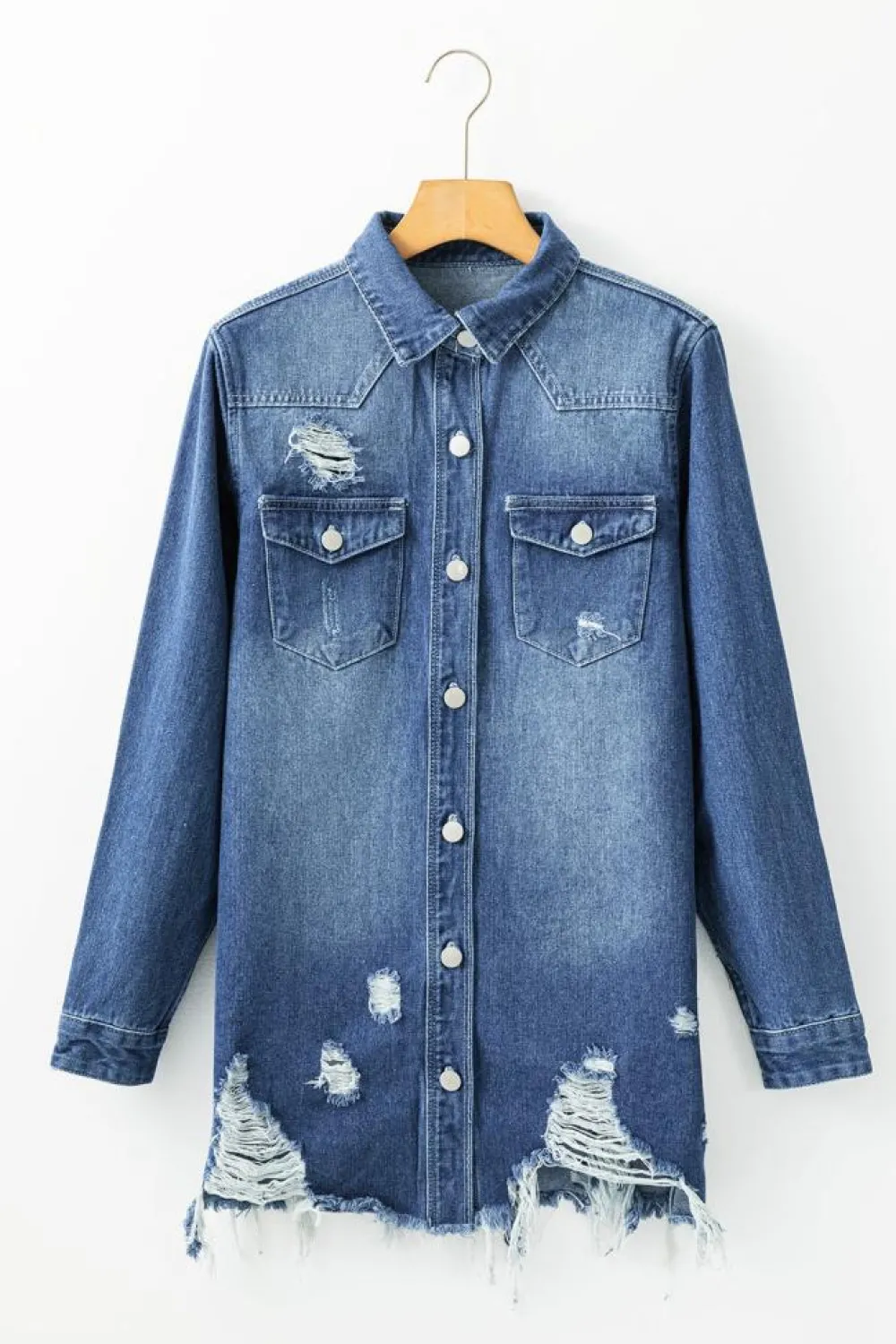 Best Dear-Lover Light Wash Distressed Frayed Long Denim Jacket Sky Blue