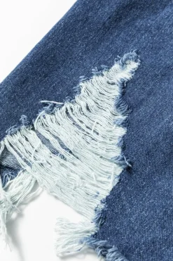 Best Dear-Lover Light Wash Distressed Frayed Long Denim Jacket Sky Blue
