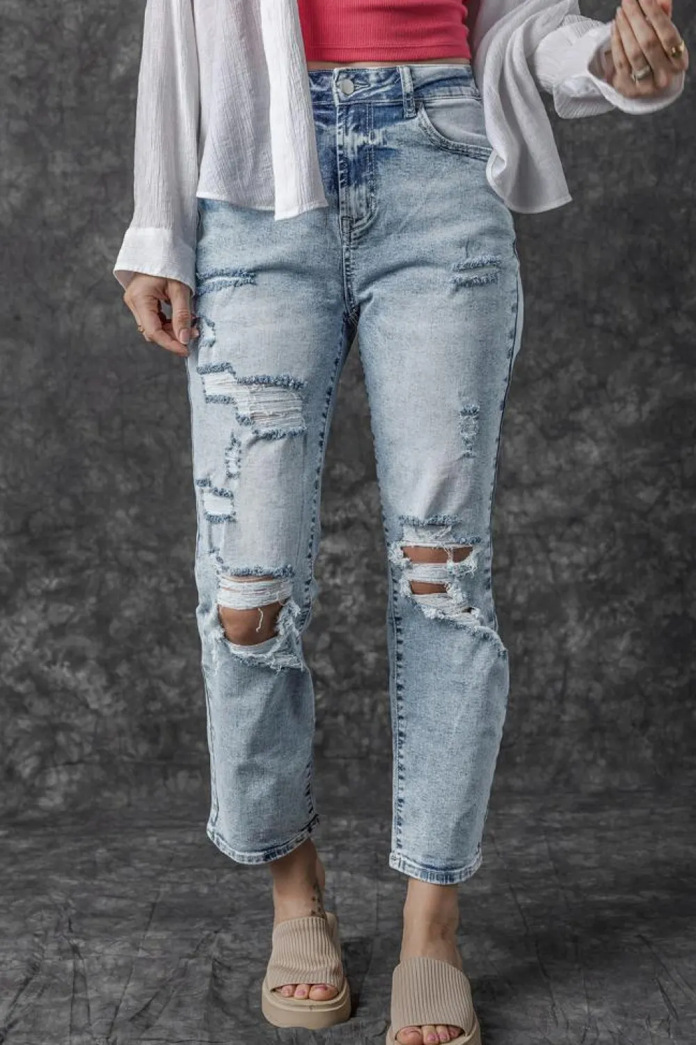 New Dear-Lover Light Wash Frayed Slim Fit High Waist Jeans Sky Blue