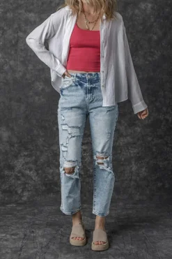 New Dear-Lover Light Wash Frayed Slim Fit High Waist Jeans Sky Blue