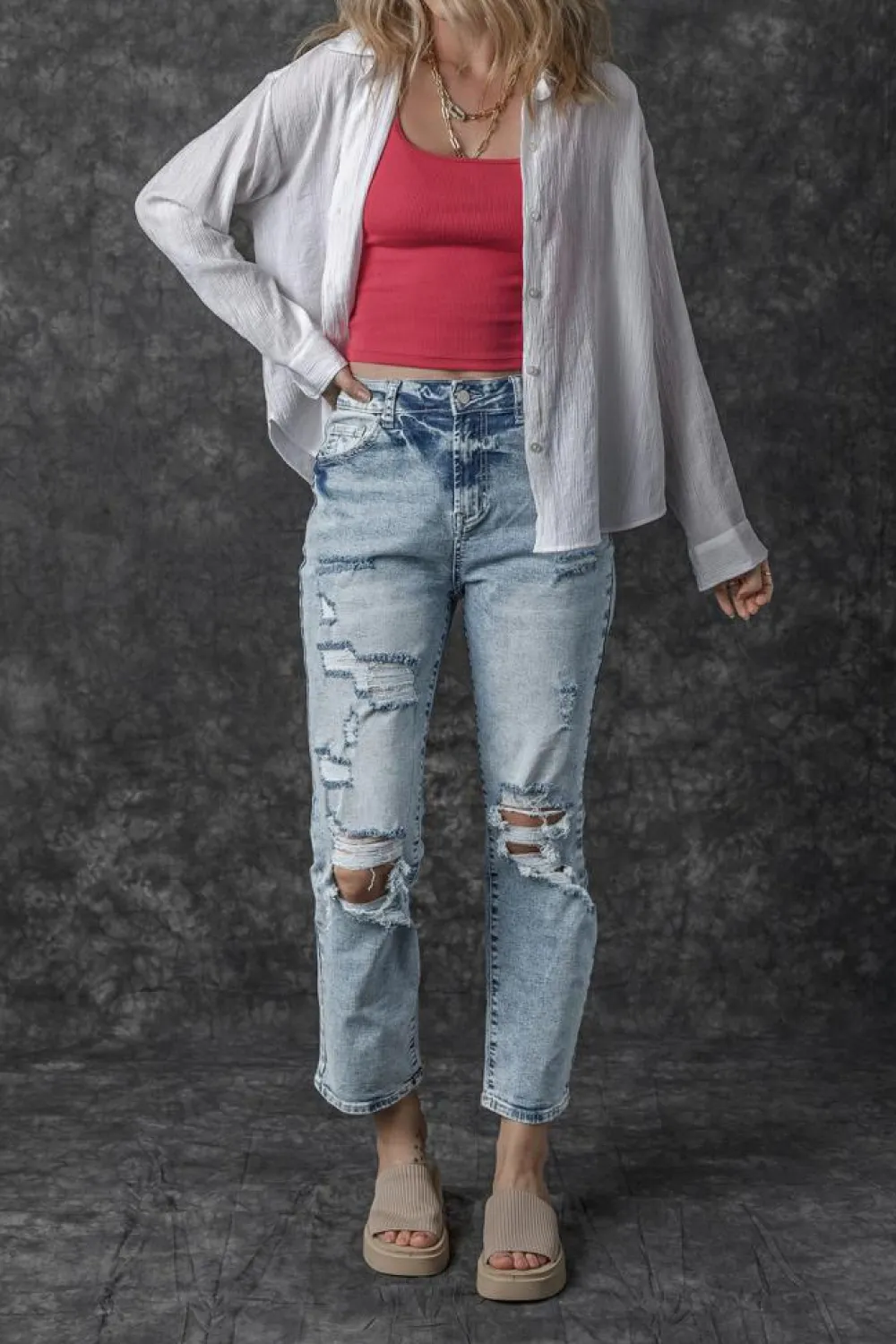 New Dear-Lover Light Wash Frayed Slim Fit High Waist Jeans Sky Blue