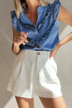 Fashion Dear-Lover Mineral Wash Cap Sleeve Frilled Button Up Denim Shirt Sky Blue