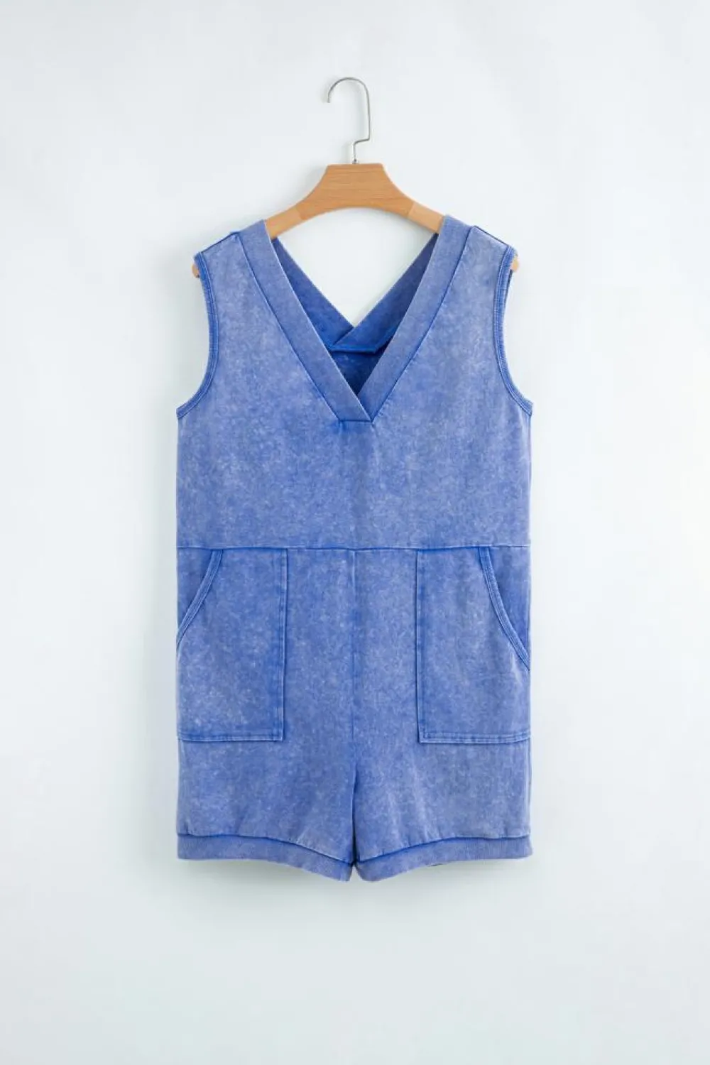 Fashion Dear-Lover Mineral Wash Pocketed Sleeveless V Neck Loose Romper Sky Blue