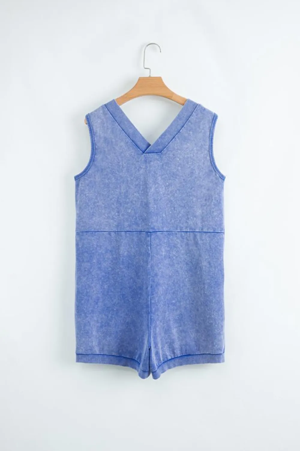 Fashion Dear-Lover Mineral Wash Pocketed Sleeveless V Neck Loose Romper Sky Blue