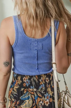 Best Dear-Lover Mineral Wash Ribbed Notch Neck Tank Top Sky Blue
