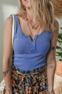 Best Dear-Lover Mineral Wash Ribbed Notch Neck Tank Top Sky Blue