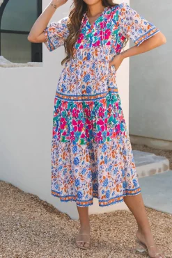 Best Dear-Lover Mixed Floral Print Tie Split Neck Short Sleeve Dress Sky Blue