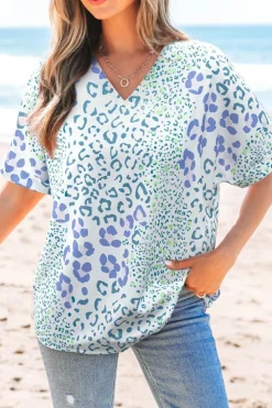 Sale Dear-Lover Mixed Leopard Print V Neck Short Sleeve Blouse Sky Blue