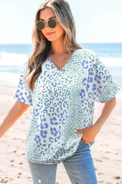 Sale Dear-Lover Mixed Leopard Print V Neck Short Sleeve Blouse Sky Blue