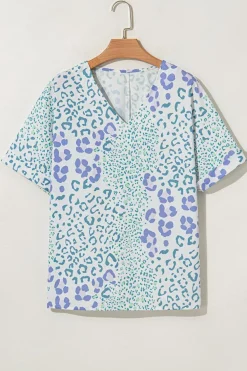 Sale Dear-Lover Mixed Leopard Print V Neck Short Sleeve Blouse Sky Blue