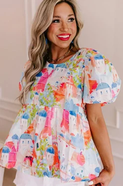 Fashion Dear-Lover Parisian Avenue Babydoll Top Sky Blue