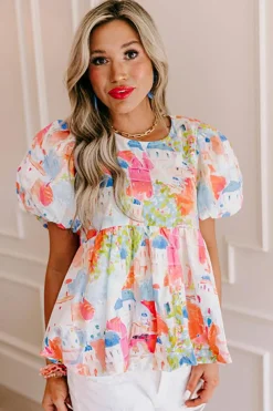 Fashion Dear-Lover Parisian Avenue Babydoll Top Sky Blue