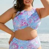 Sale Dear-Lover Plus Size Floral Print Twisted High Waist Bikini Set Sky Blue