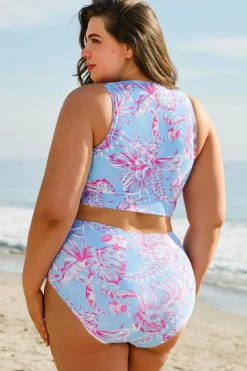 Sale Dear-Lover Plus Size Floral Print Twisted High Waist Bikini Set Sky Blue