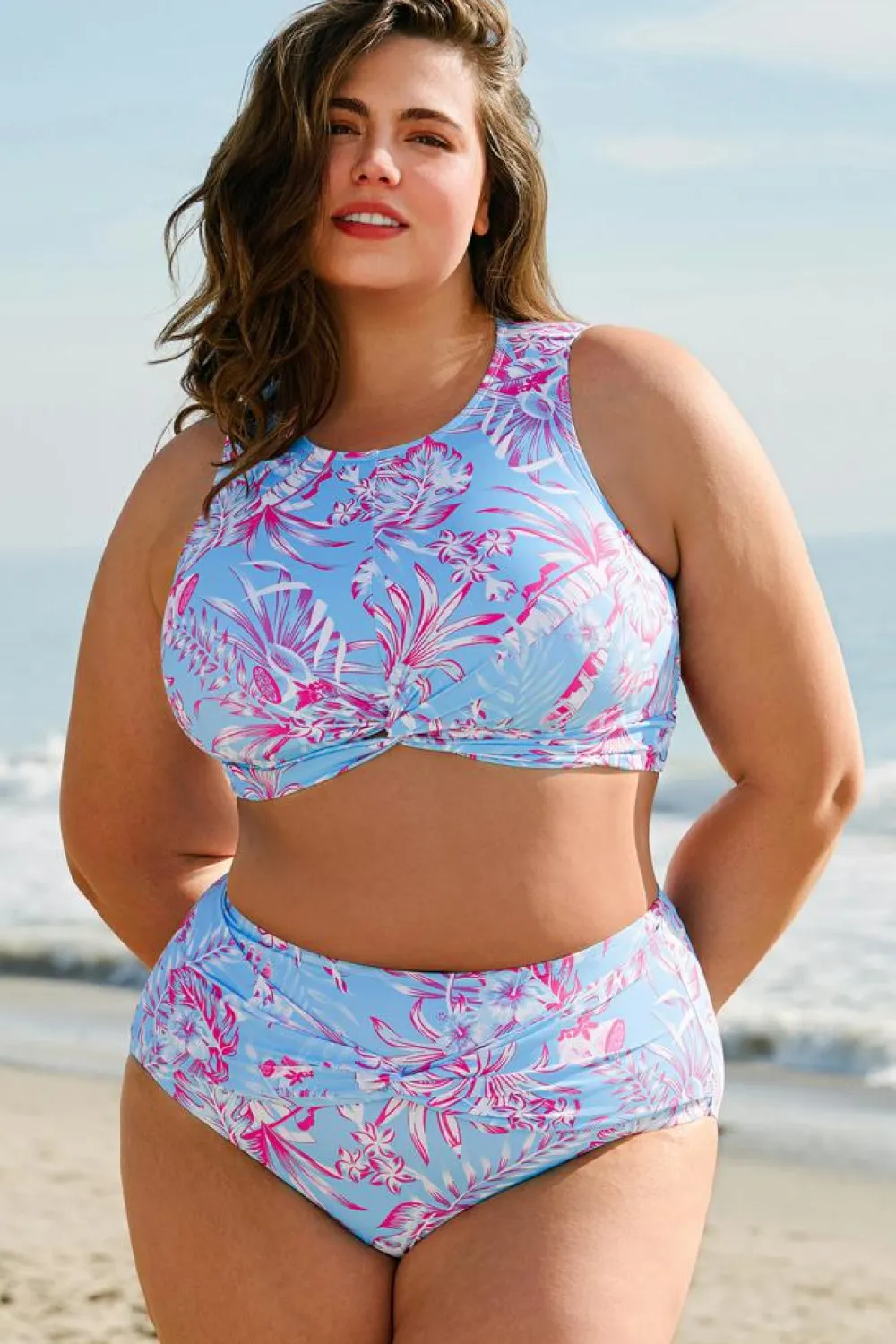 Sale Dear-Lover Plus Size Floral Print Twisted High Waist Bikini Set Sky Blue
