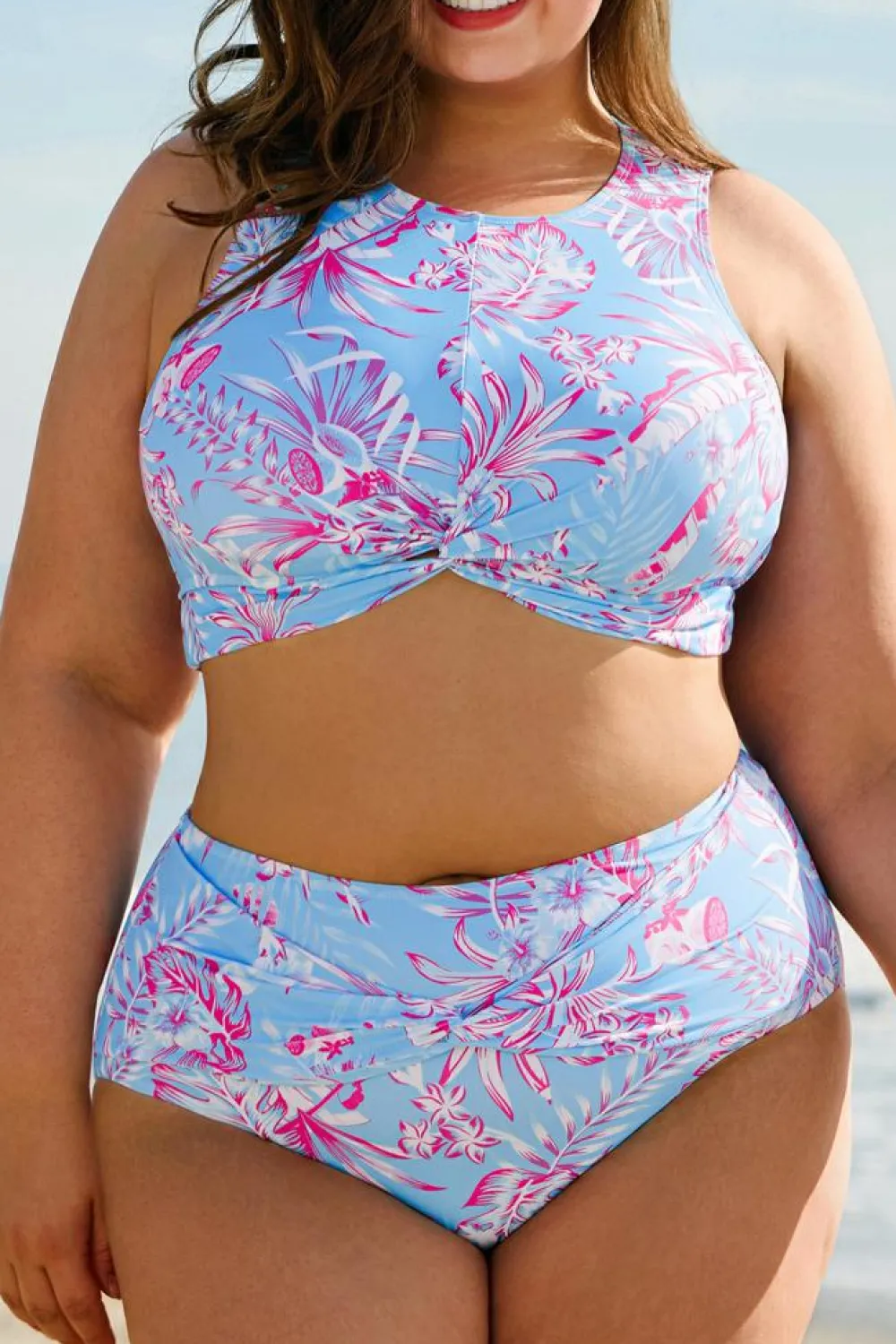 Sale Dear-Lover Plus Size Floral Print Twisted High Waist Bikini Set Sky Blue
