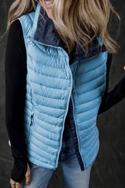 Online Dear-Lover Plush Collared Quilted Zipped Puffer Vest Sky Blue