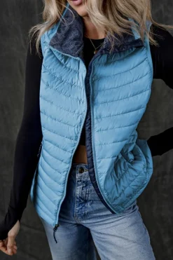 Online Dear-Lover Plush Collared Quilted Zipped Puffer Vest Sky Blue