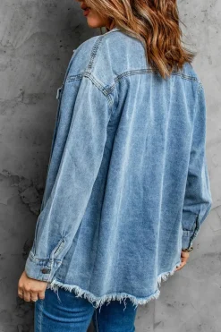 Outlet Dear-Lover Pocket Raw Hem Buttoned Denim Jacket Sky Blue