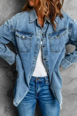 Outlet Dear-Lover Pocket Raw Hem Buttoned Denim Jacket Sky Blue